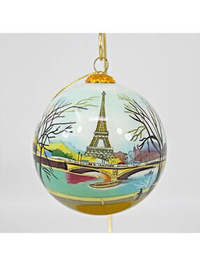 Paris Eiffel Tower Reverse Painted Inside Art Glass Christmas Ornament BouleNoel